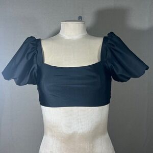Buddy Love Black Crop Top Puff Sleeve Tie Back Square Neck Swim Women's Medium M